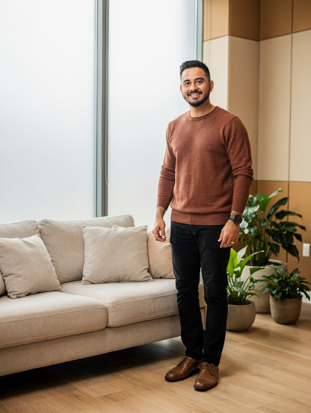 Alex Rivera in a calm, sunlit therapy office