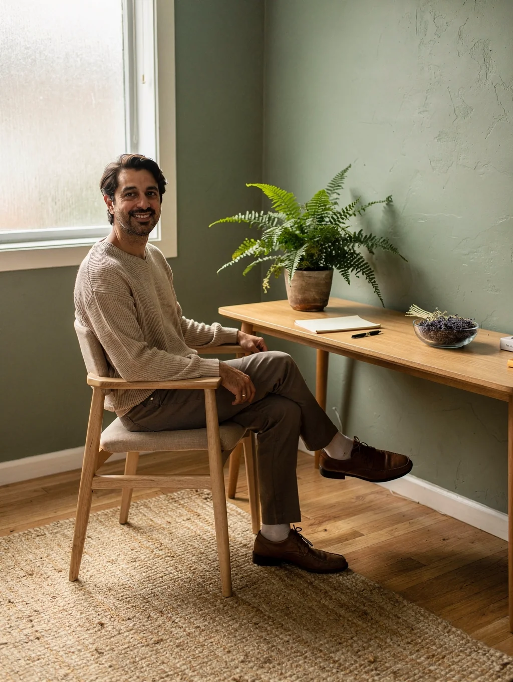 Alex Rivera providing compassionate therapy in a sunlit office